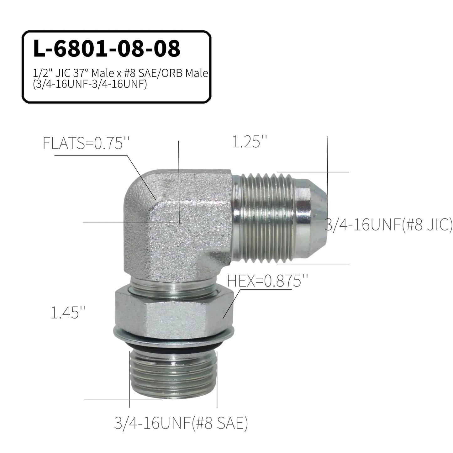 Five Pack One Half Inch JIC 37 Degree Male To SAE ORB Male Hydraulic Corner Elbow Fittings 6000 PSI, side view.