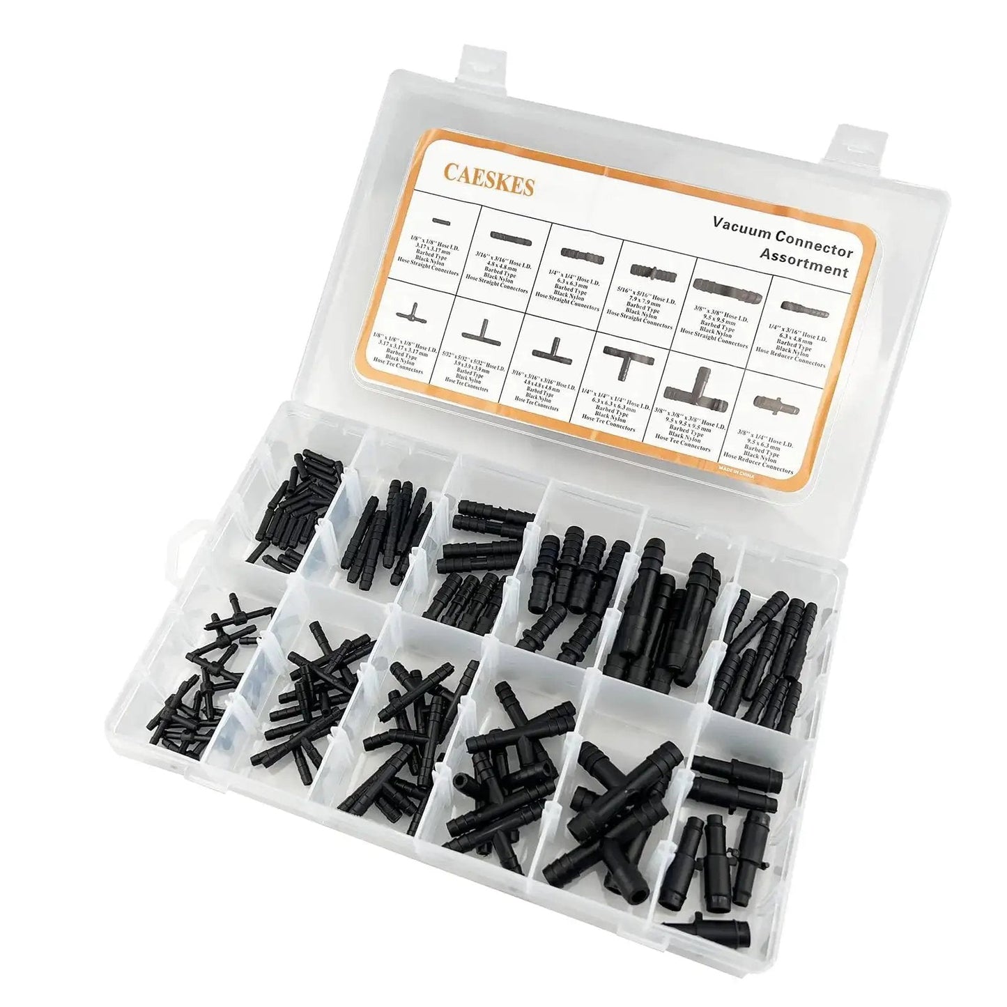Open case of Vacuum Connector Assortment Kit for automotive tubing, 12 sizes, 113 pieces, black nylon, heat resistant to 460 F 240 C