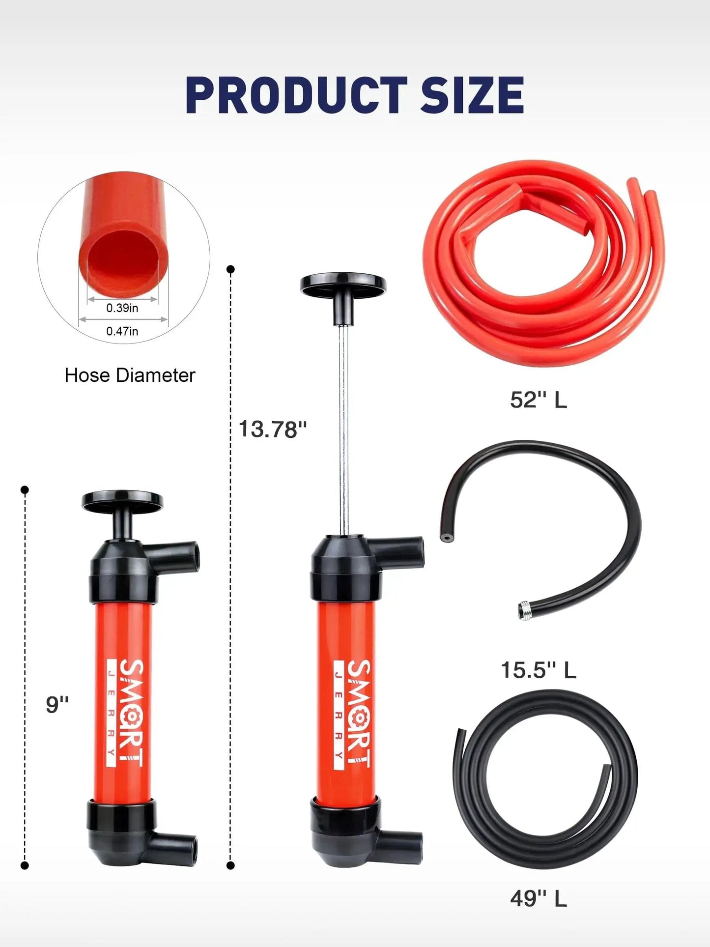 Product image showing Hand Fluid Transfer Pump Siphon for Gas Oil RV Antifreeze Lawn Mower Fish Tank with hose and dimensions.