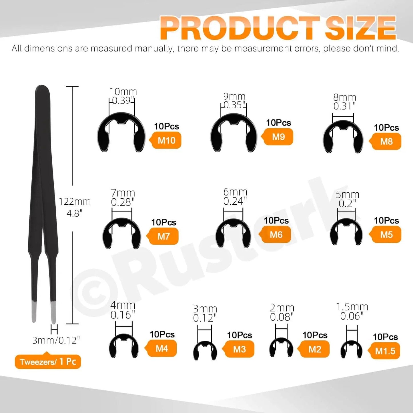 All in One 4 in 1 Snap Ring Pliers Set With E Clip And C Clip Retaining Rings Kit 312 Piece Includes M1.5 To M10 E Clips And M4 To M28 C Clips Plus Tweezers For Auto DIY And Handyman Projects size chart with dimensions and quantities.