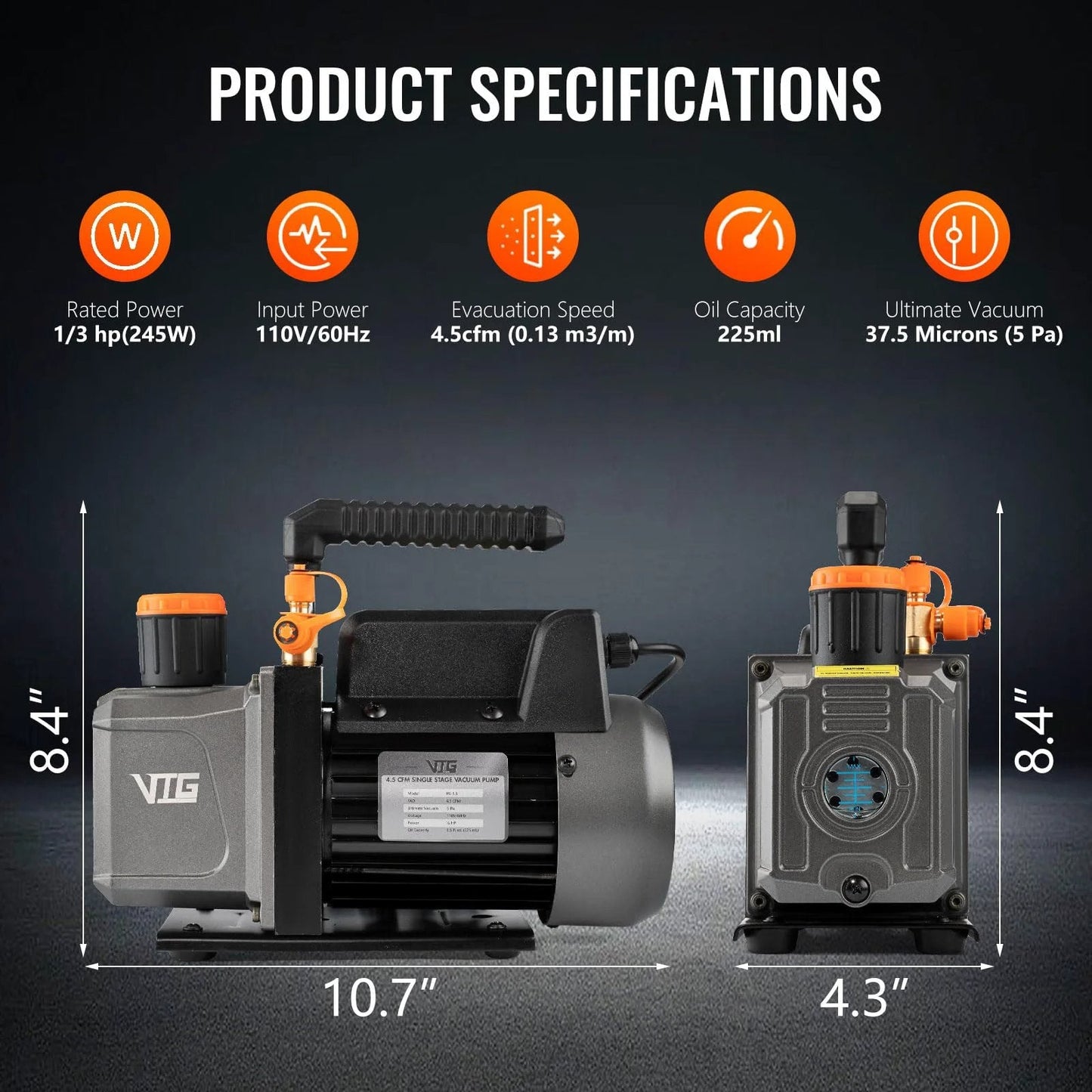 Front view of HVAC Vacuum Pump And Gauge Kit With Leak Detector For Mini Split And Auto Systems, Pro Grade 4.5 CFM 1/3 HP.