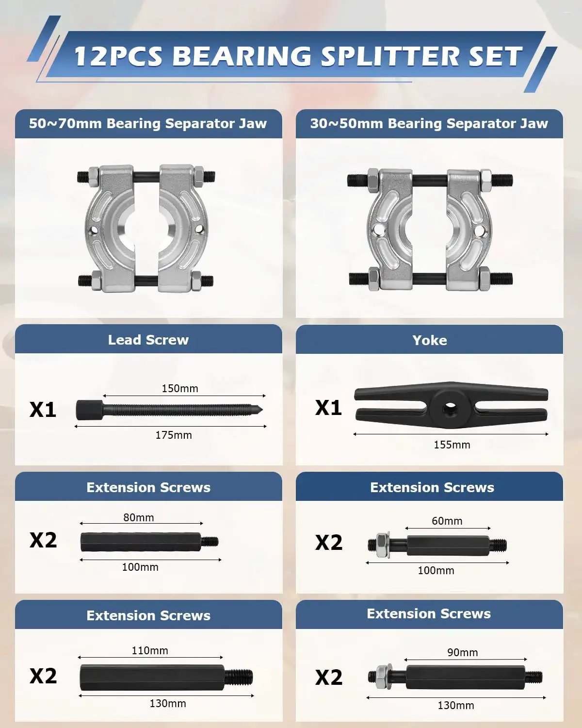 12 Piece Bearing Separator Set With Heavy Duty 5 Ton Capacity showing components including separator jaws, lead screw, and extension screws.