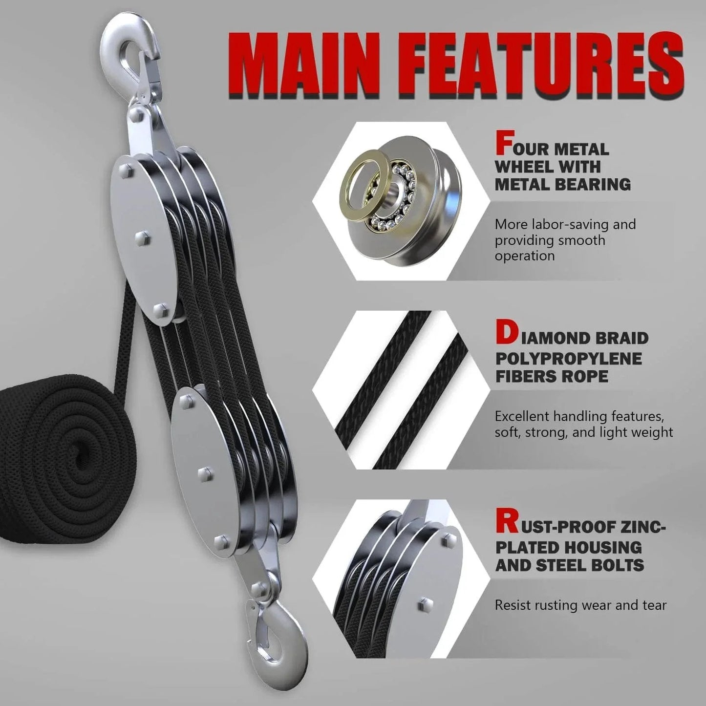 Heavy Duty Rope Hoist With Pulley Block And Tackle 4400Lb Capacity 65ft 8 To 1 Lifting features metal bearings and rust-proof housing