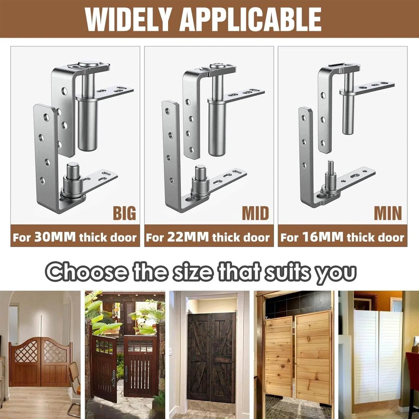 Stainless Steel Cafe Door Hinges With Self Closing And Two Way Swing For Louvre Doors And Saloon Doors Adjustable Opening Angle Notch Hold Open Function 304 Stainless Bearing Rustproof Construction For Indoor Or Exterior Use, available in big, mid, and min sizes for various door thicknesses.