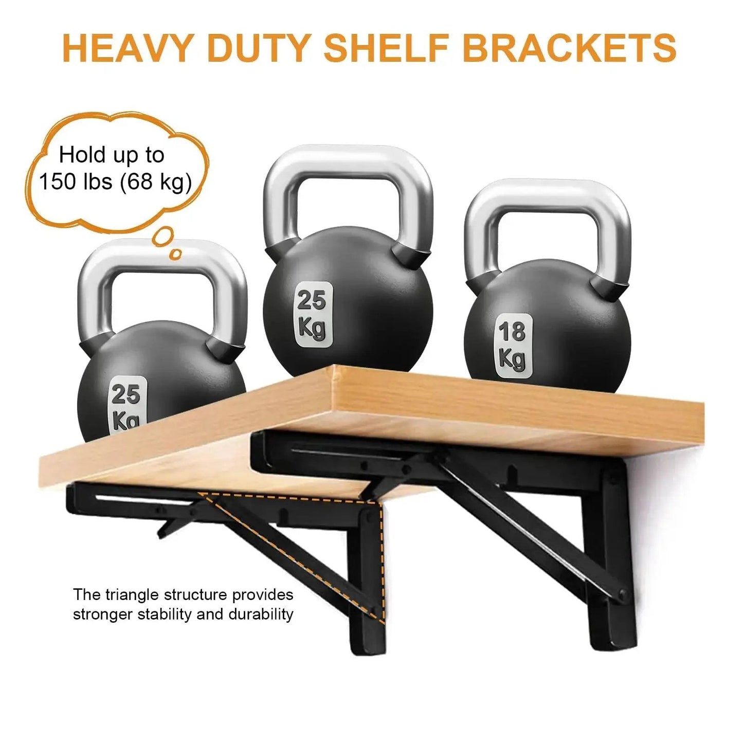 Heavy Duty Folding Shelf Brackets For Wall Or Bench Use Two Pack 12 Inch Metal Collapsible Brackets With 150 Lbs Capacity Space Saving DIY Hinge Mount Storystore Black Durable Stainless Steel Construction supporting wooden shelf with kettlebells