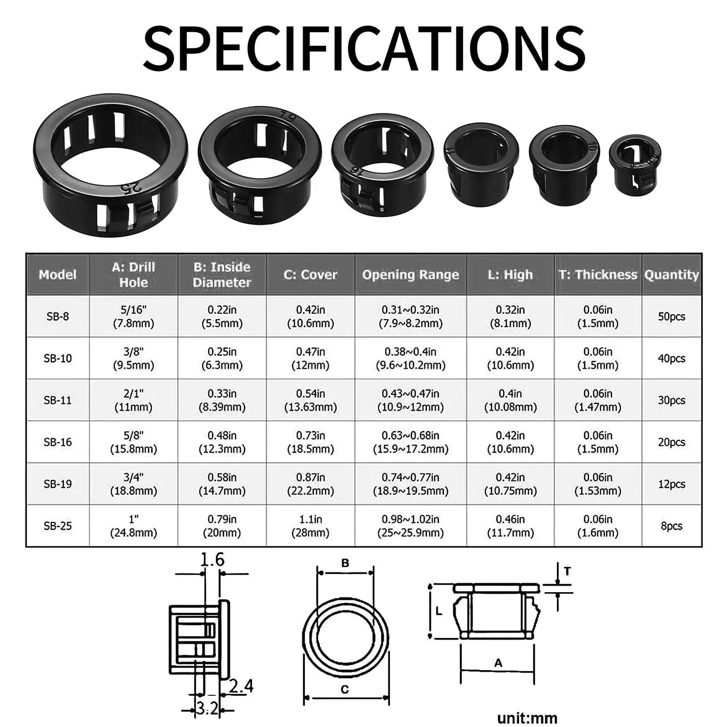 Specifications chart for 170 Pcs Black Round Nylon Cable Snap Grommets Set Durable PA66 Material Snap In Grommet Protectors Assorted Sizes From 5/16, 3/8, 1/2, 5/8, 3/4 And 1 Inch Locking Bushing Plugs For Cable Holes.
