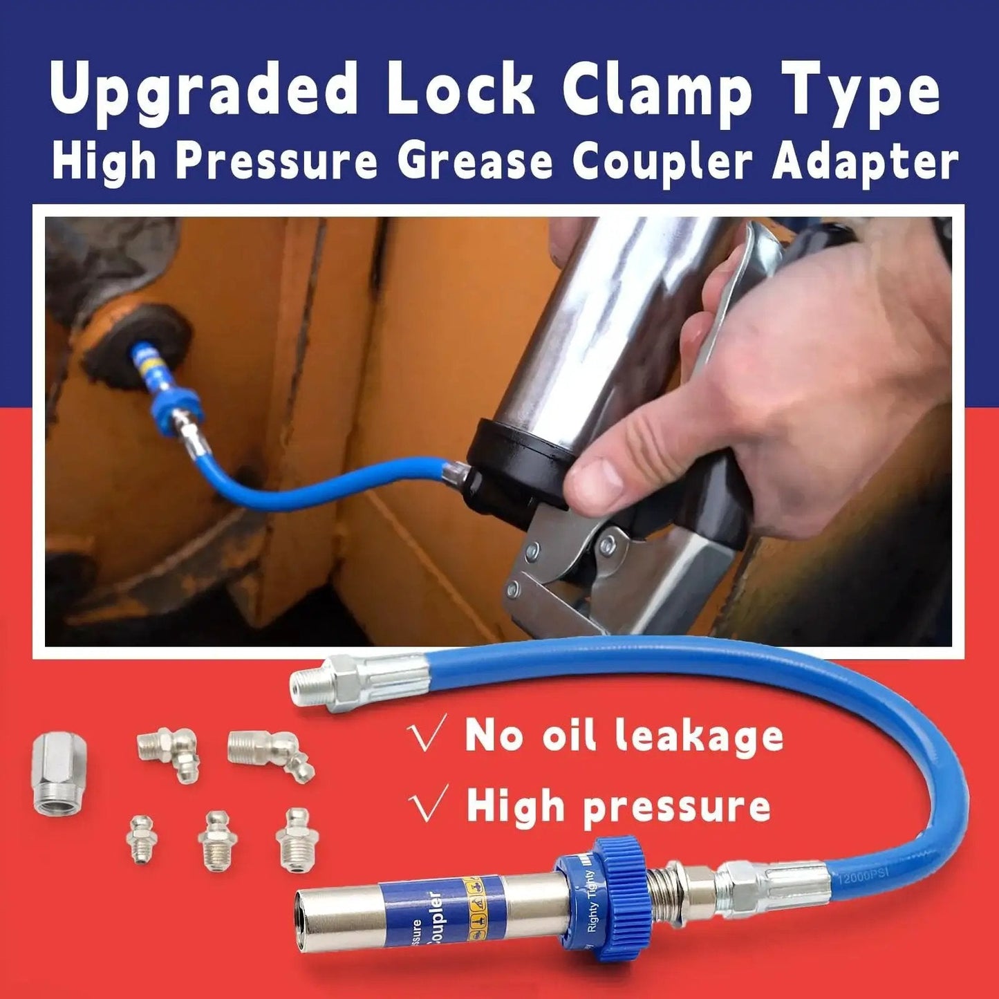 Heavy Duty High Pressure Grease Coupler For Lube Pro Plus And All Grease Guns 8th Gen Lock Clamp Quick Release Extension Adapter with blue hose and nozzle.