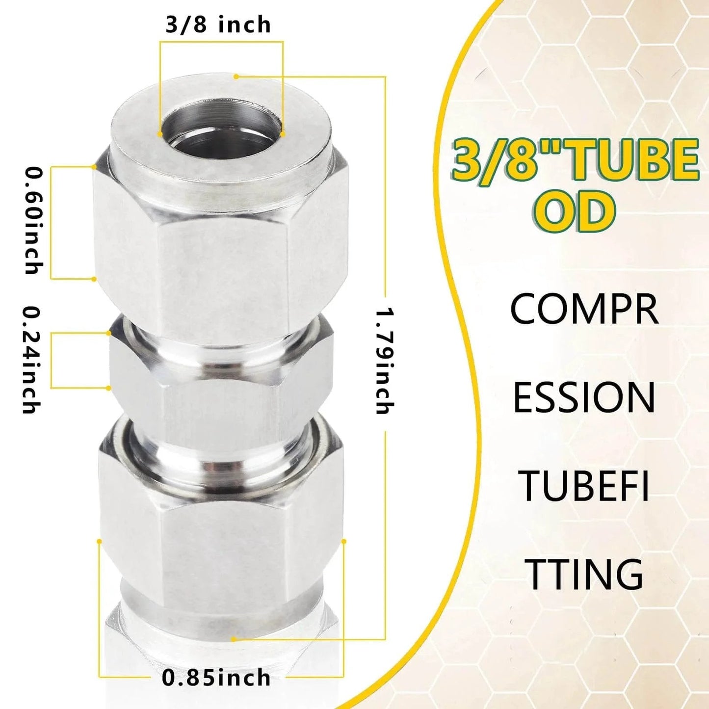 304 Stainless Steel Compression Tube Fitting Union For Three Eighths Inch Outside Diameter Tubing with dimensions and specifications