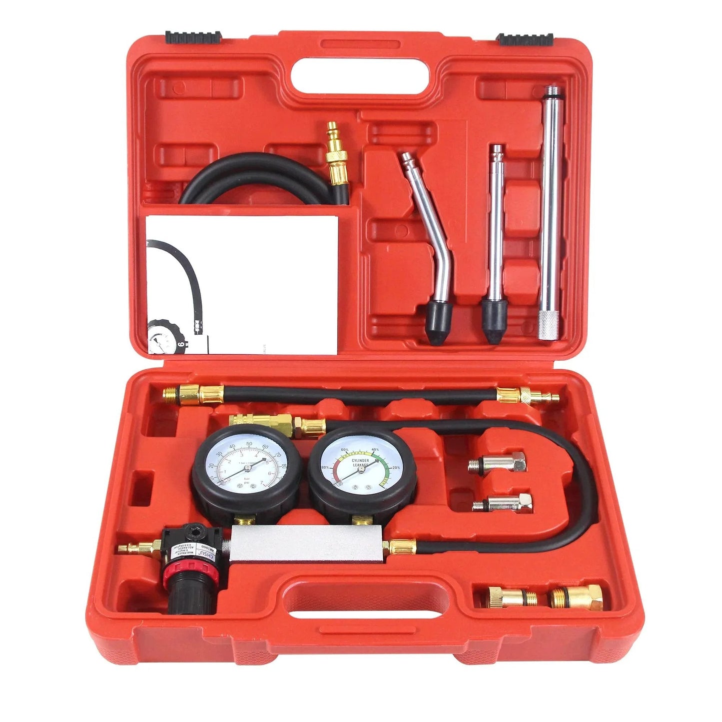 10 Piece Leak Down Tester Kit with Dual Gauge for Cylinder Pressure And Leakage Rate in Cars Motorcycles And Trucks, Multi Function Automotive Compression Tester For Gasoline Engines, Easy Portable Leak Down Detector Tool Set