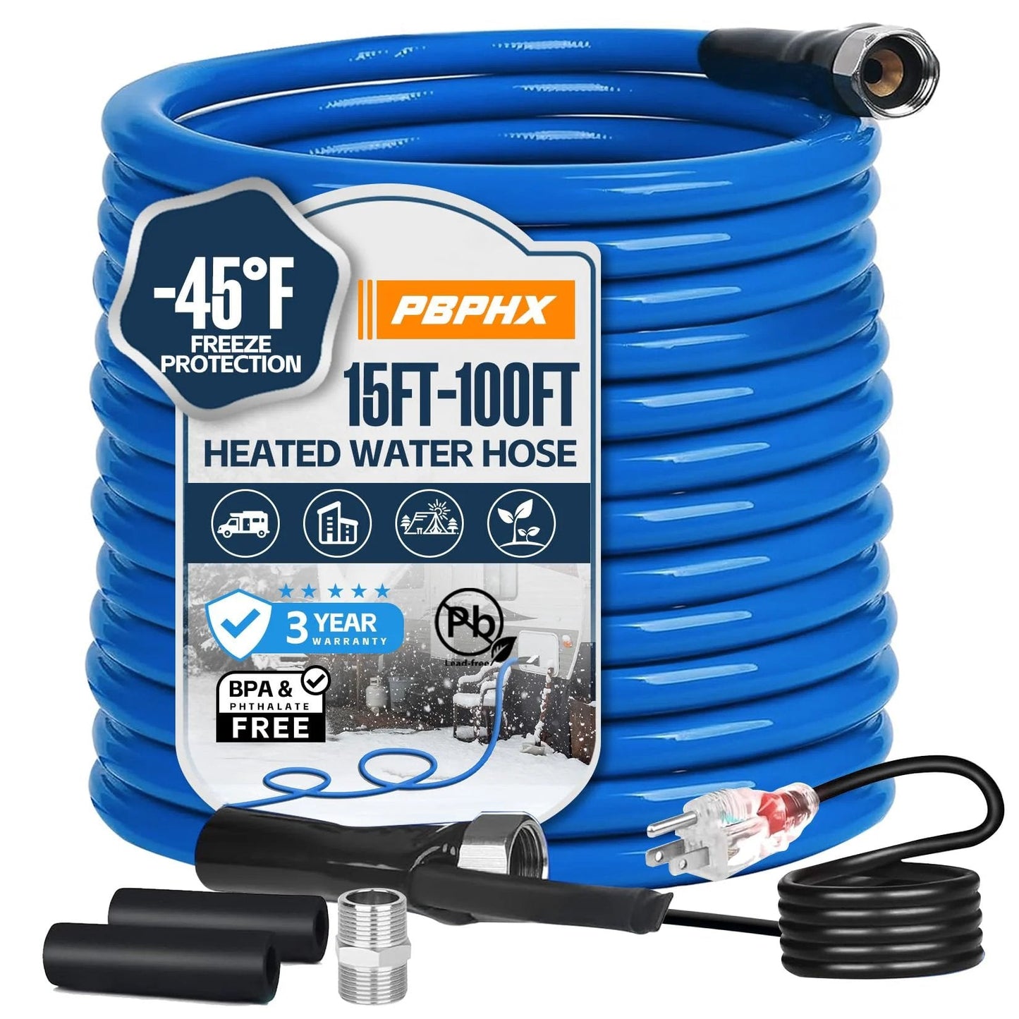 50 Foot Heated Water Hose For RV Life With Thermostat Drinking Water Safe BPA Free Half Inch Inner Diameter Self Regulating Cold Weather Ready Thaws Ice To Water Down To Forty Below Zero Blue