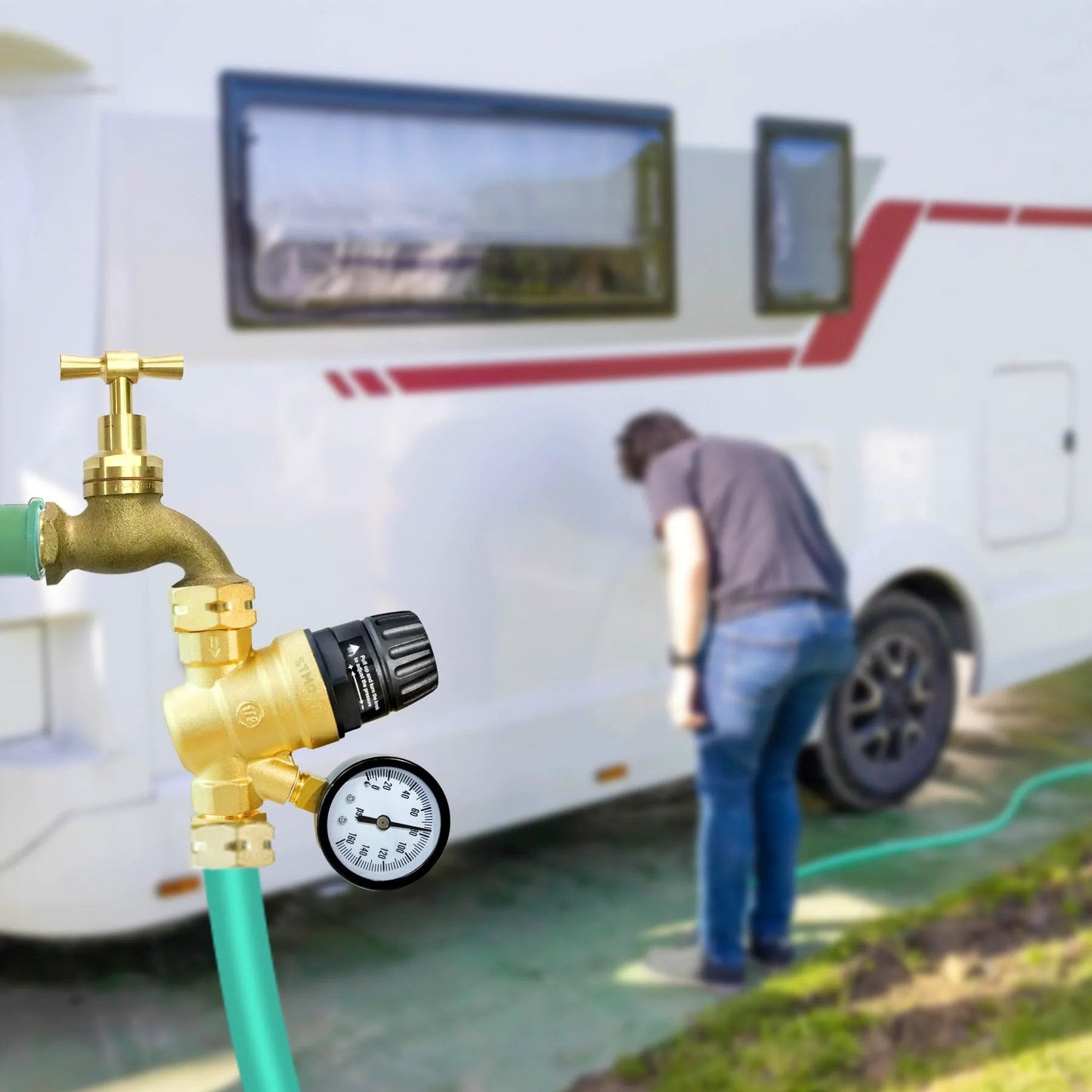 Brass Lead Free RV Water Pressure Regulator For Camper With 0-160 PSI Adjustable Gauge Installed Near RV