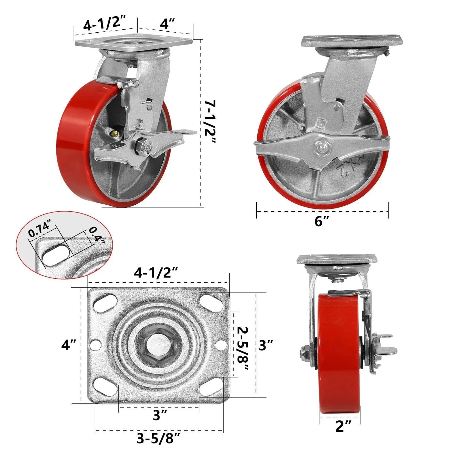 Diagram of 6 Inch Heavy Duty Caster Set Of 4 With 4800 Lb Capacity Polyurethane Wheels dimensions and features