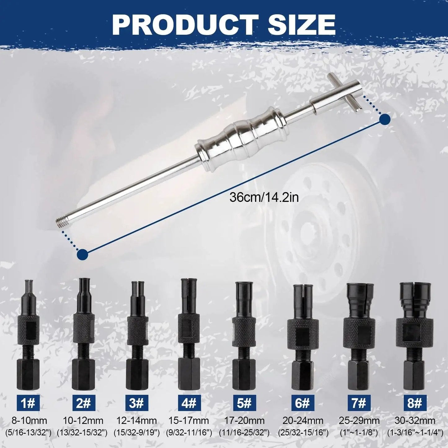Blind Hole Bearing Puller Set With Slide Hammer And Expandable Collets 8 To 32 Millimeters shown with collet sizes and tool length