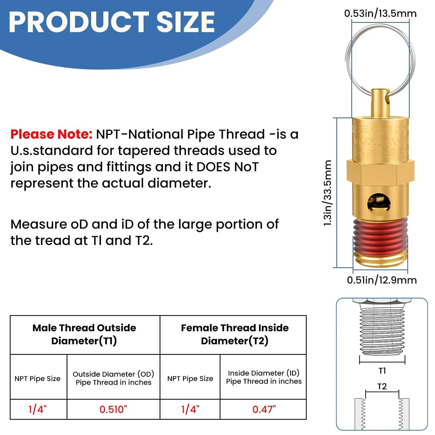 Brass Quarter Inch NPT Safety Valve For Air Compressors, 150 PSI Relief, detailed product size and diagram.