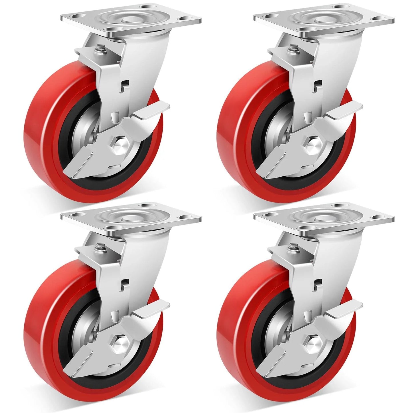 6 Inch Industrial Grade Caster Wheels Set Of 4, Heavy Duty Polyurethane Casters With Dual Ball Bearing, Solid Polyurethane Wheel Capacity 4500 Lb, Plate Mount Swivel Casters For Cart, Machine And Industrial Applications