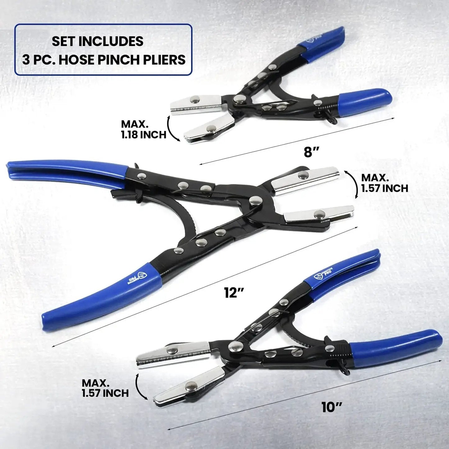 3Pcs Ratcheting Hose Pinch Off Pliers Set For Automotive Cooling And Fuel Lines, showing three sizes with measurement details
