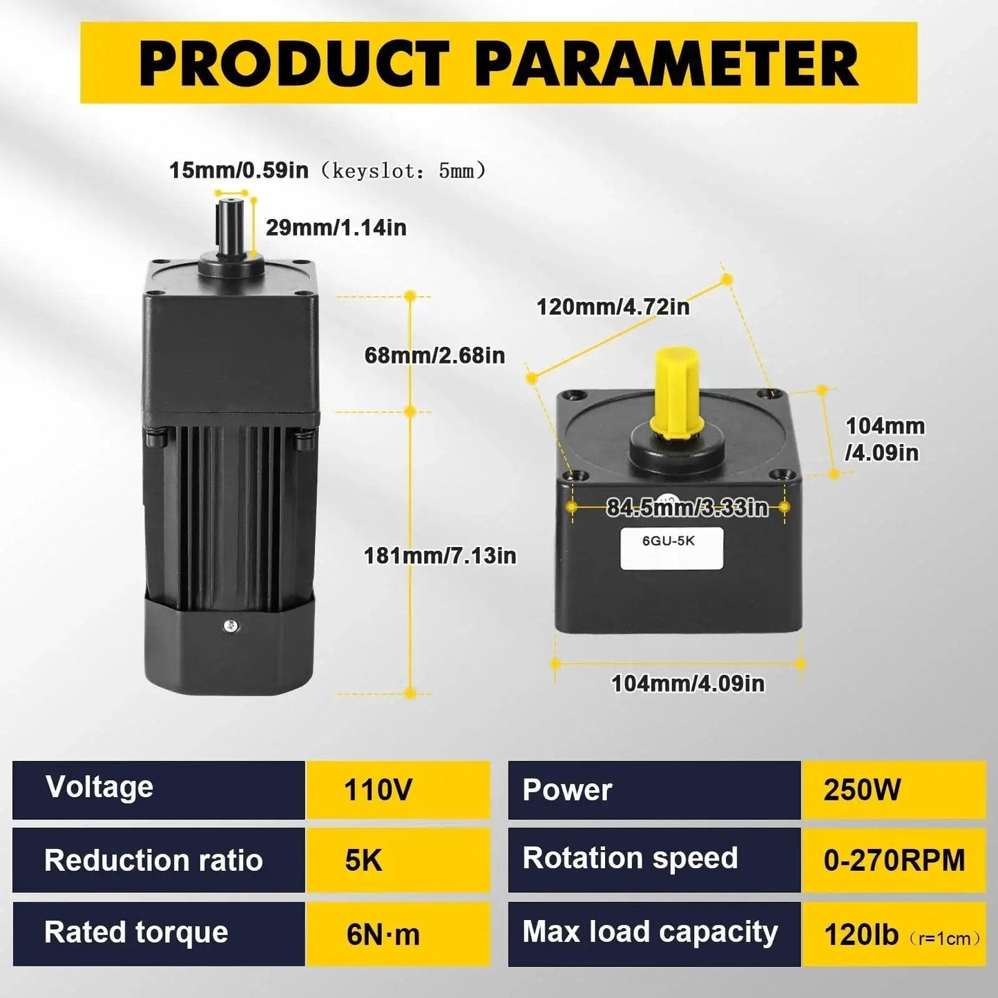 Heavy Duty 250W Variable Speed AC Motor With Gearbox And Bracket For Industry Robotics Automotive And Production Lines, dimensions shown.