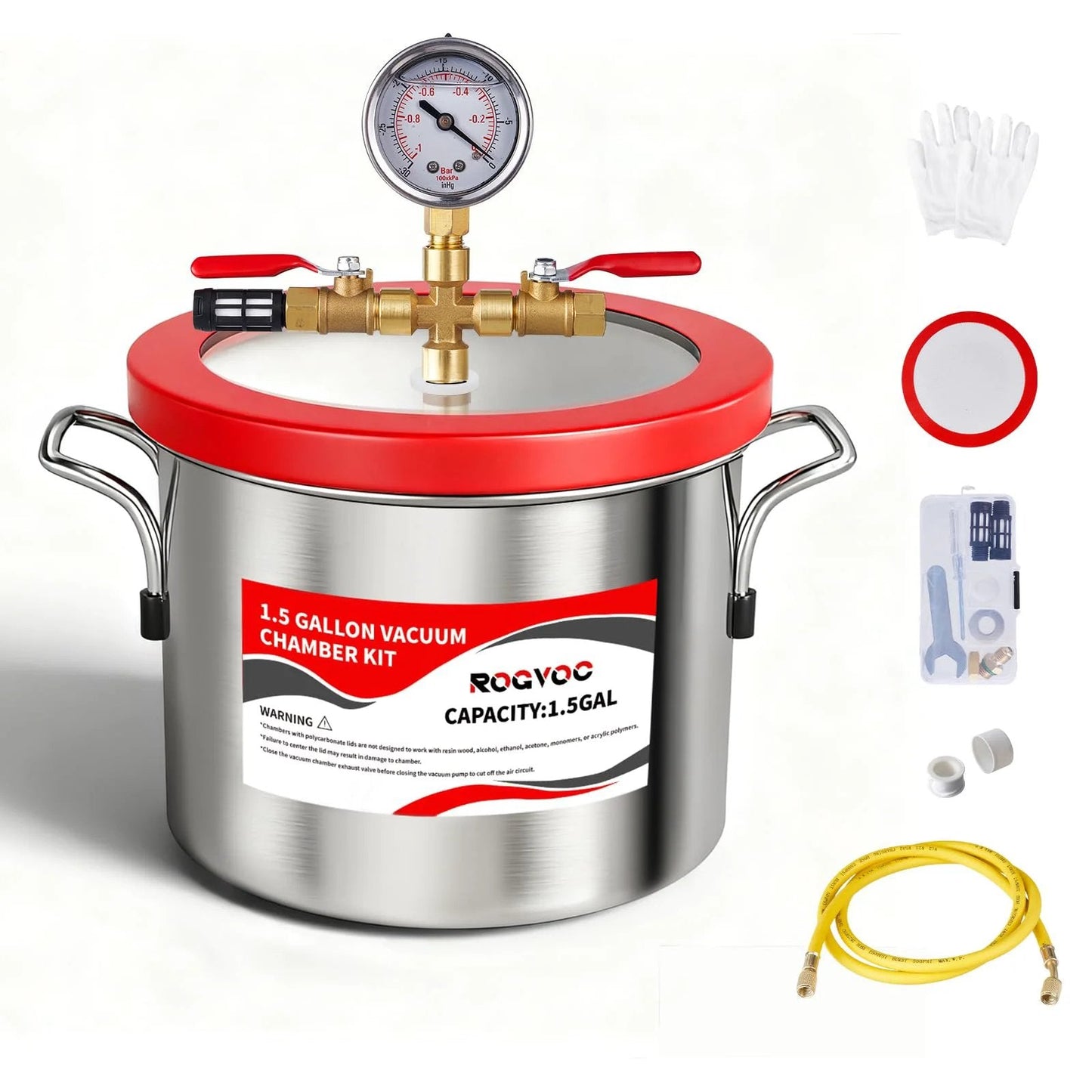 1.5 Gallon Pro Grade Vacuum Chamber Kit For Resin Silicone Epoxy Plaster Degassing With 201 Stainless Steel Build Clear Acrylic Lid And 4.9 Ft Hose For Wood Stabilization And Craft Projects
