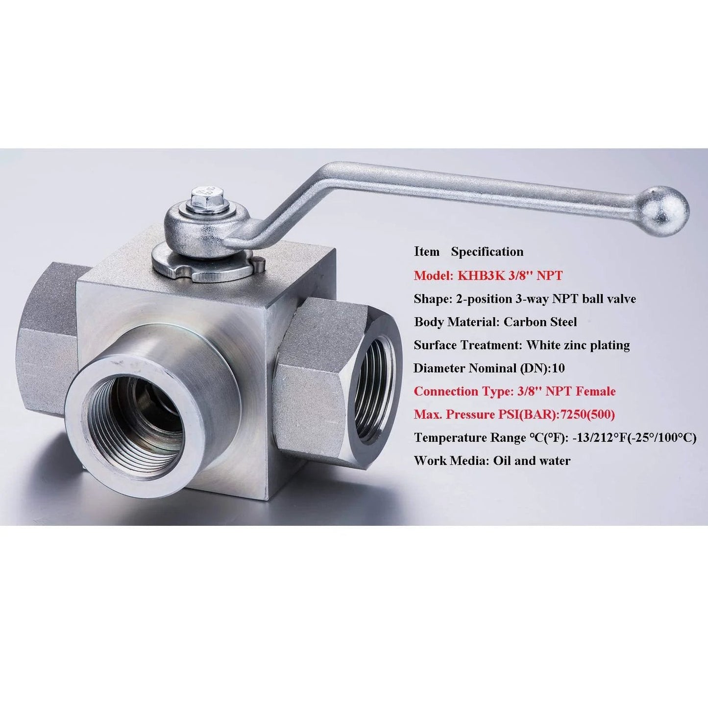 Front view of KHB3K Three Eighth Inch FNPT 3 Way High Pressure Ball Valve for Hydraulic and Water Systems L Bore 7250 PSI