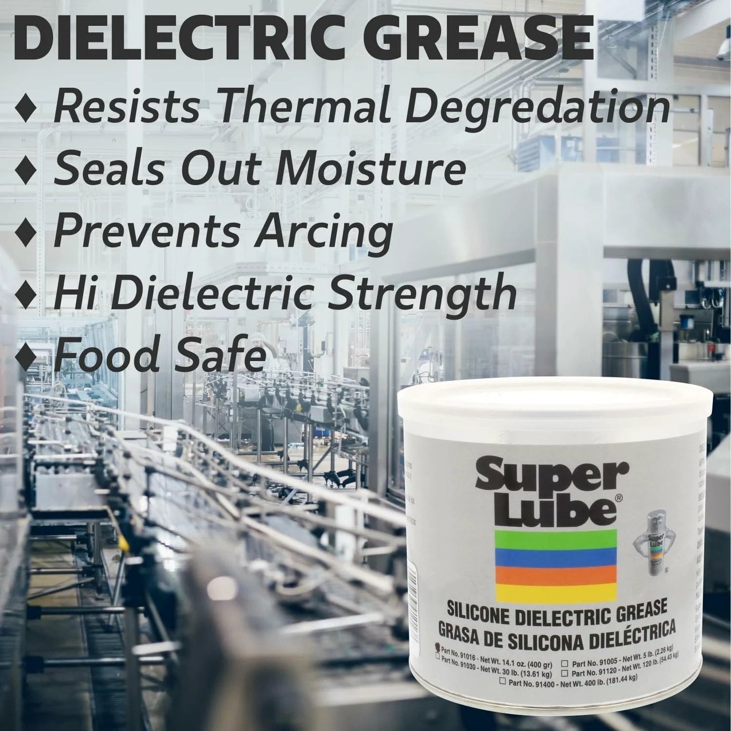 Super Lube Silicone Dielectric Grease container, text listing features: resists thermal degradation, seals moisture, prevents arcing
