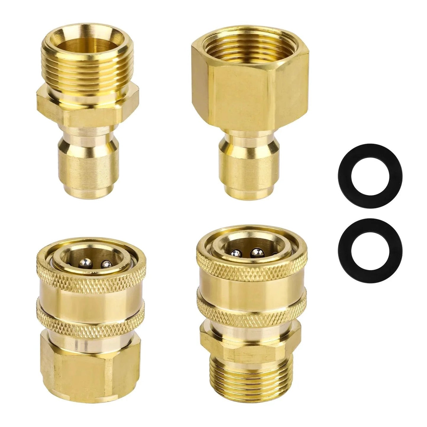 4 Pack Brass M22-14mm To Three Eighths Inch Pressure Washer Adapters Set With Gaskets Fast Connect Quick Disconnect Kit For Power Washer Hoses Up To 5000 PSI Durable Brass Fittings For Home Or Pro Use