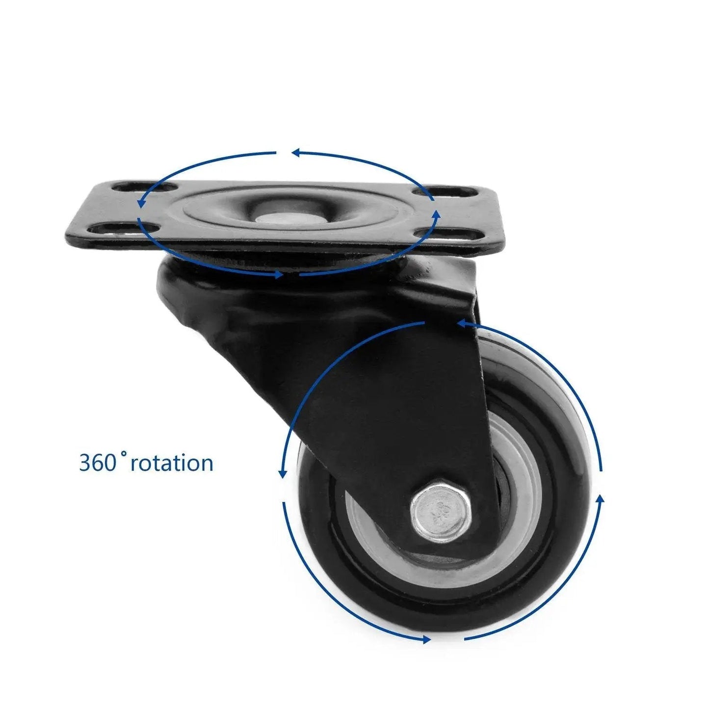 Heavy Duty 4 Pack 1.5 Inch Polyurethane Caster with Top Plate showing 360 degree rotation and swivel mechanism for furniture and displays.