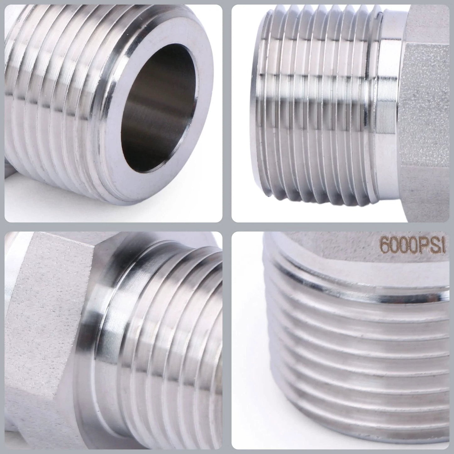 Heavy Duty 304 Stainless Steel Hex Nipple for High Pressure Systems, 6000 PSI, Three Eighths Inch NPT Male Thread Pipe Adapter details
