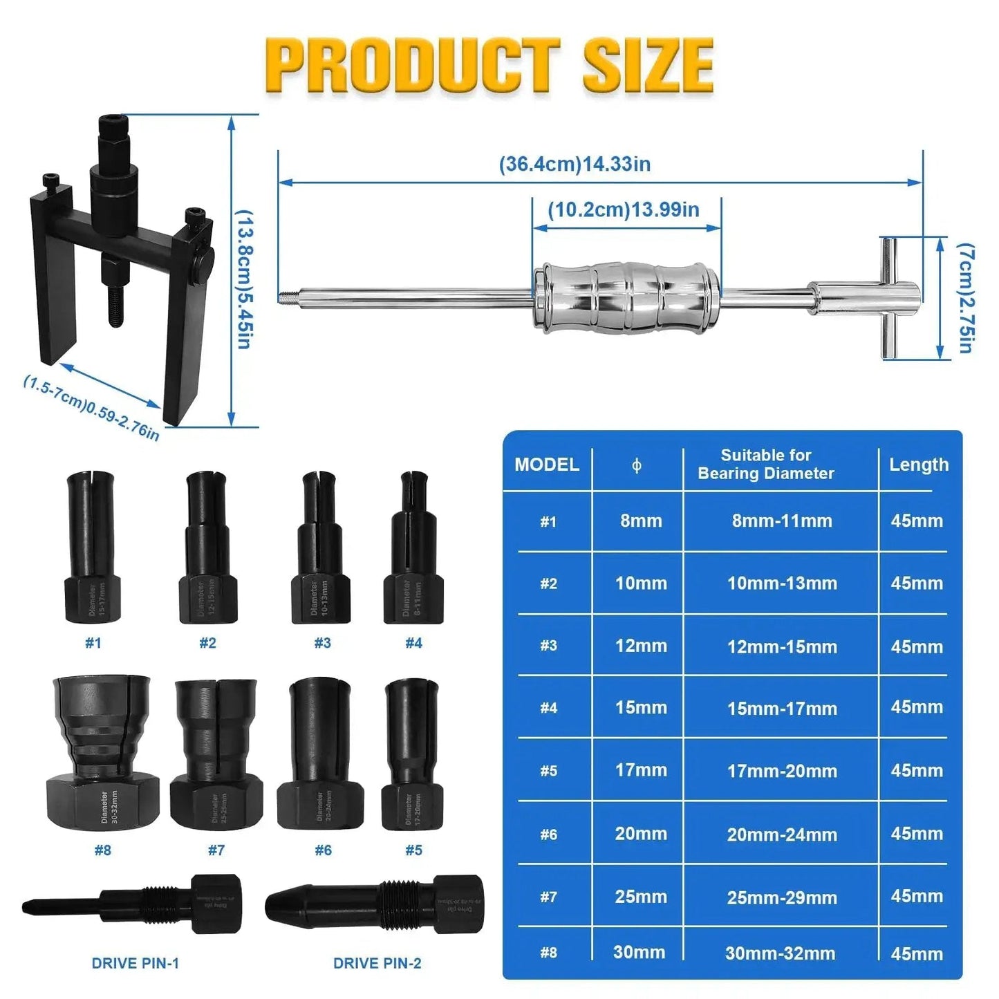 12-Piece Blind Hole Bearing Puller Kit With Extendable Collets From 8mm To 32mm, Slide Hammer Puller Set components and sizes