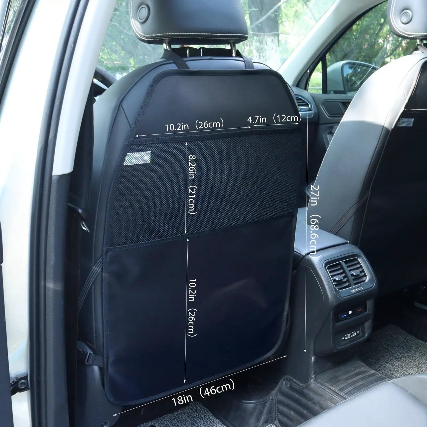 Durable Large Car Seat Protector Kick Mats 2 Pack With Dual Mesh Pockets And Water Resistant Oxford Cloth Keeps Back Seats Clean From Dust Mud Scrubs Scratches In Black installed in a vehicle showing dimensions.