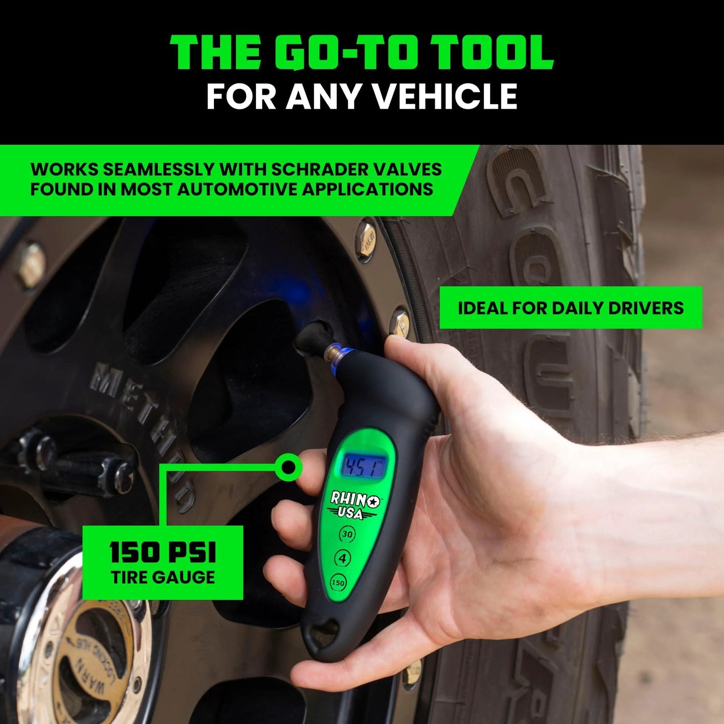 Hand using Digital Tire Pressure Gauge 150 PSI With Lighted Nozzle And Backlit LCD Display on car tire
