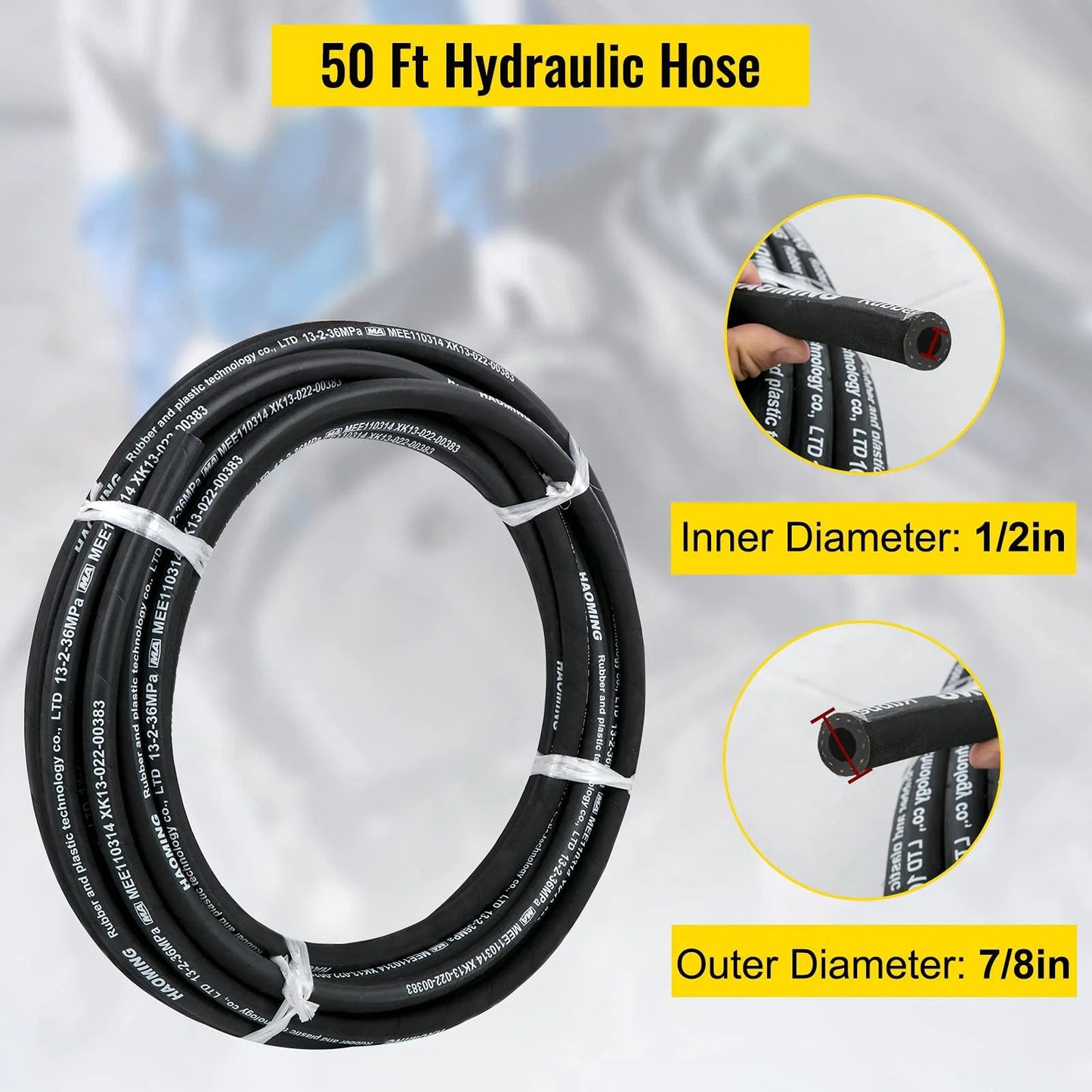 Heavy Duty 50 Feet Hydraulic Hose With Two High Tensile Steel Wire Braids Half Inch Inner Diameter 5000 PSI