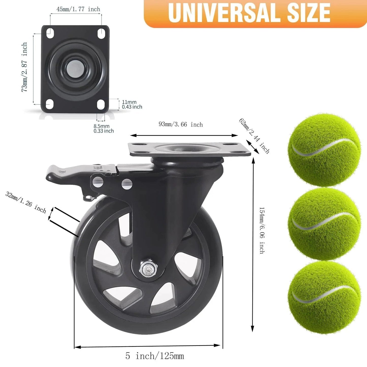 5 Inch Swivel Caster Wheels Set Of 4 Heavy Duty With Brakes Dual Lock 2200 Lbs Capacity Top Plate Industrial Casters Product Size
