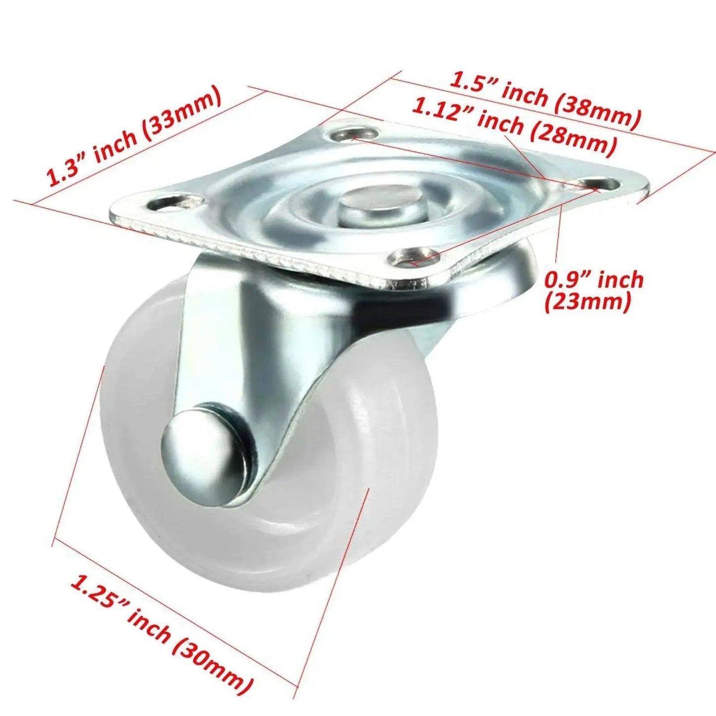 Swivel Caster Wheels 1.25 Inch With Top Plate And Bearing Set 4 Piece Pack Hard Base 1.25 Inch Wheel Diameter 1.5 Inch By 1.3 Inch Top Plate Plastic Wheel With Metal Bearings White And Silver.