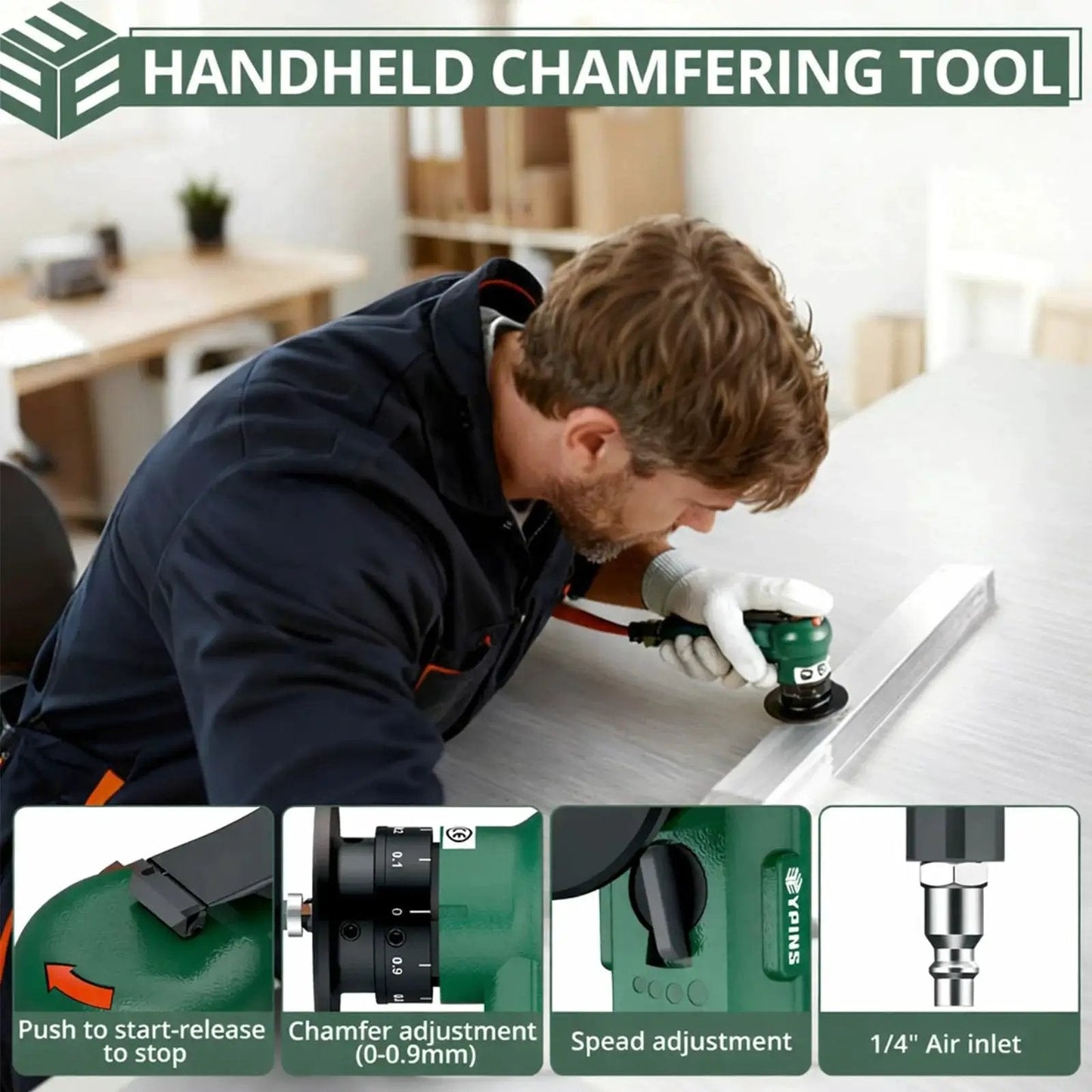 Pro Mini Pneumatic Chamfering Tool With 16 Piece C And R Angle Blades For Straight 45 Degree And Arc Beveling in use on metal