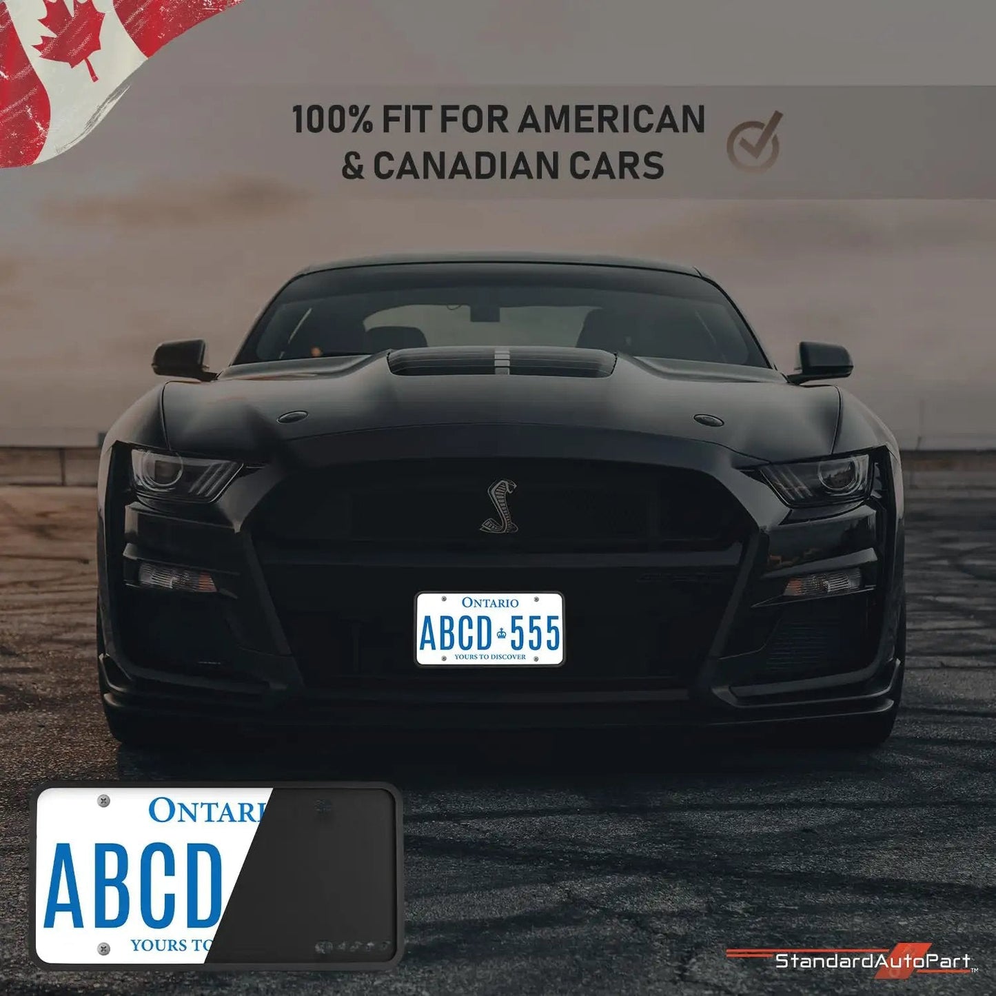 Silicone License Plate Frame Durable For Front And Rear Universal No Obstruction Anti Rattle Anti Scratch Must Have Weatherproof Rust Proof Street Legal Car Accessory installed on black car front with Ontario plate.