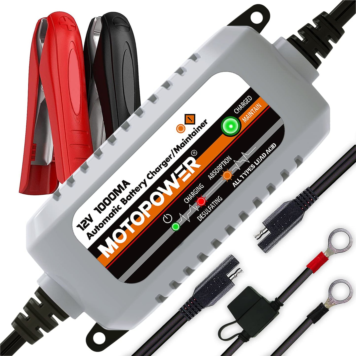12V Automatic Battery Charger and Maintainer With Desulfator Trickle Charger and Timer Protection For All Lead Acid Batteries Including AGM And Gel Cells Compact And Rugged Grey
