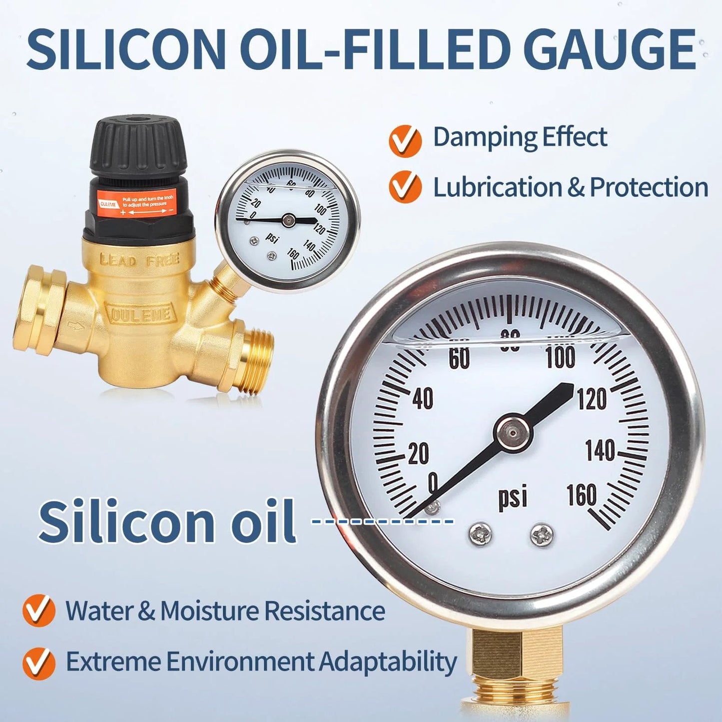 RV Water Pressure Regulator Valve With Adjustable Handle And Dual Filters For Camper And Travel Trailer, Brass Fittings, Silicone Oil Gauge, Close-up, Shows Gauge PSI Markings and Brass Valve, Highlighting Damping Effect and Protection Features