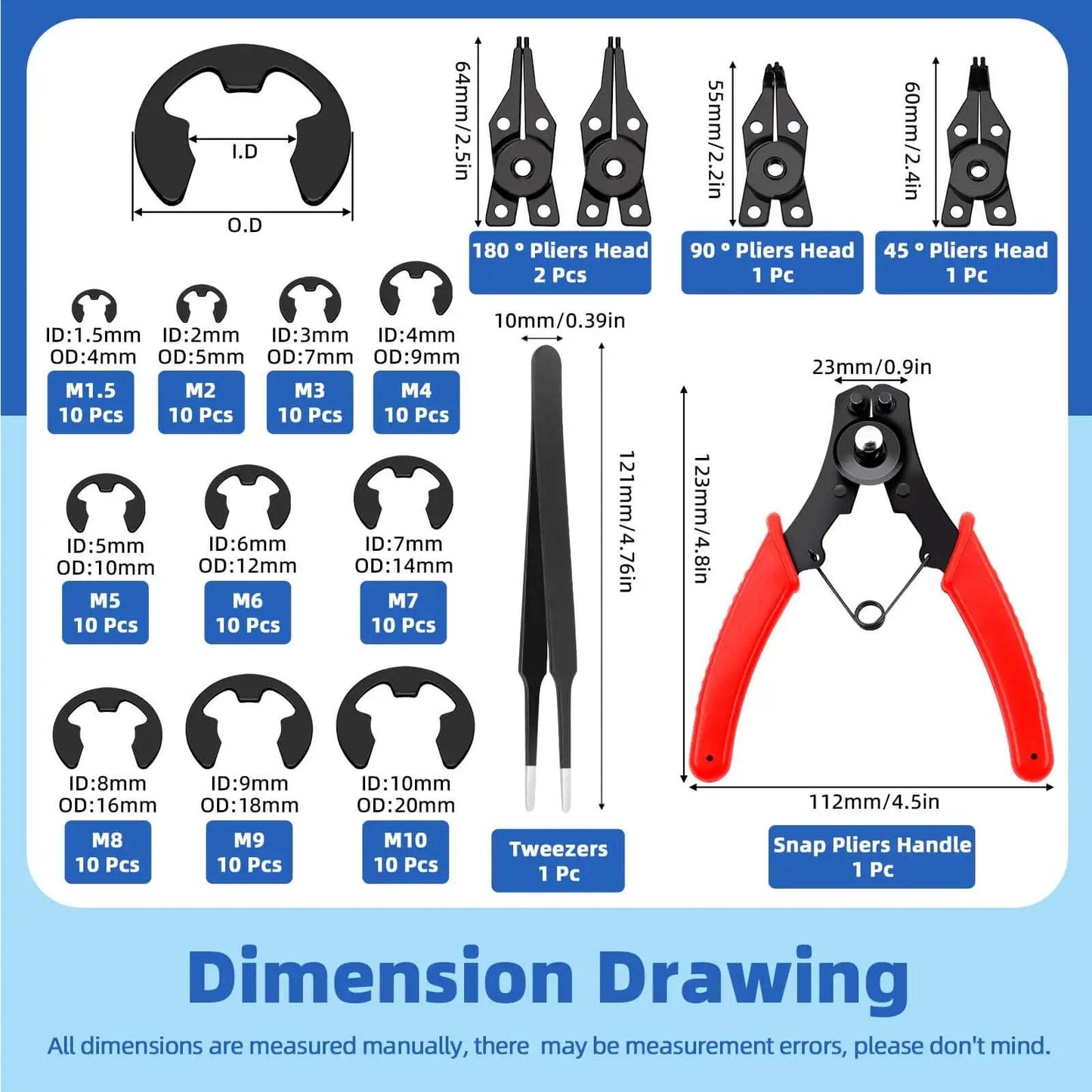 Do-It-Yourself Ready Circlip And E-Clip Kit With Snap Ring Plier Set And Tweezer, 312Pcs 65Mn Steel Assortment with size dimensions