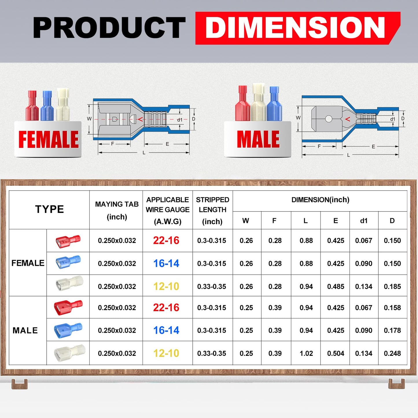 Blue Nylon Insulated Female Spade Connectors For 16-14 AWG Wires Quick Disconnect Crimp Terminals 100 Pcs dimensions chart