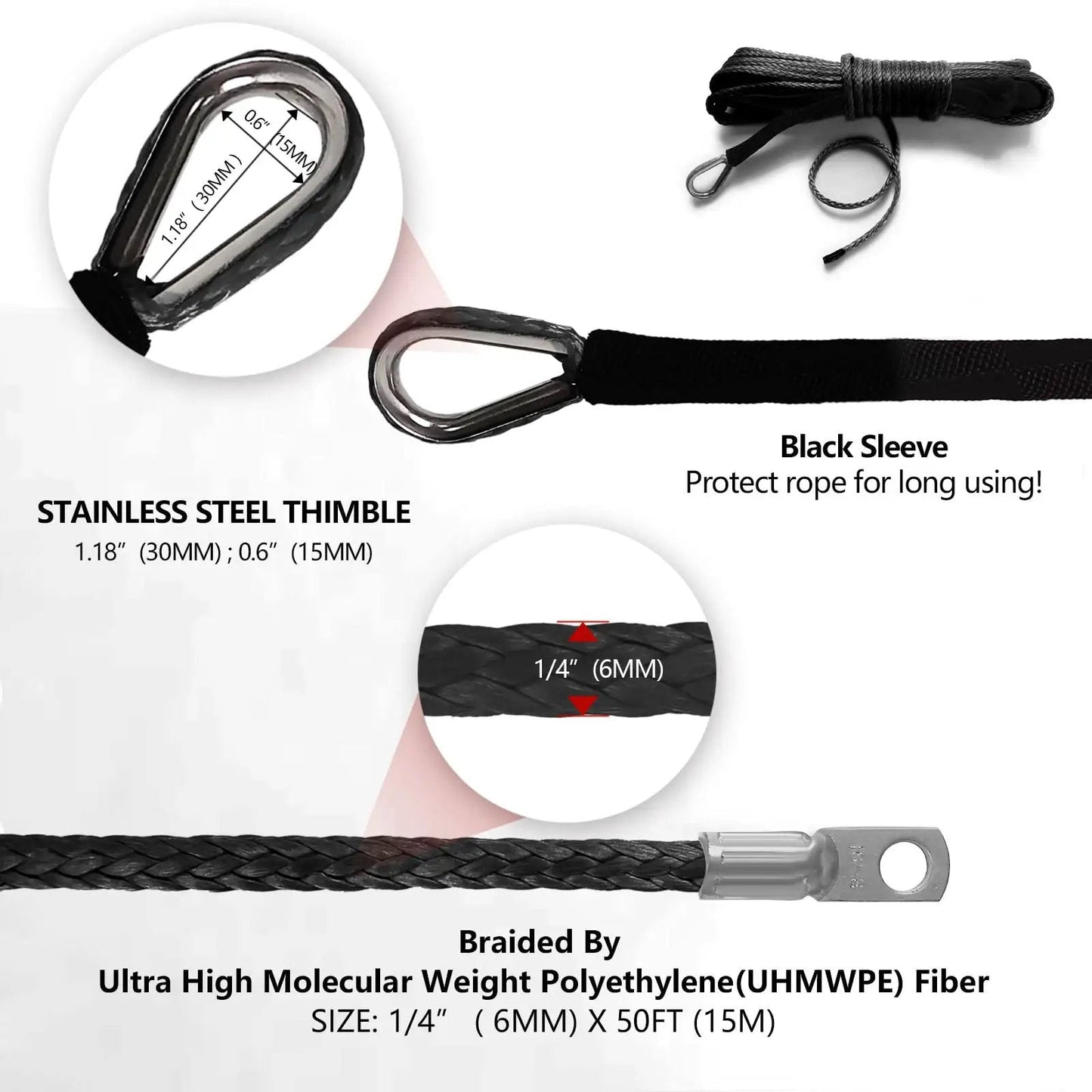 Close-up of Heavy Duty Beefy Synthetic Winch Line Rope Quarter Inch By Fifty Feet 10000 Pound Capacity With Black Protective Sleeve For ATV UTV Winches Trucks And Boats Gray with stainless steel thimble.