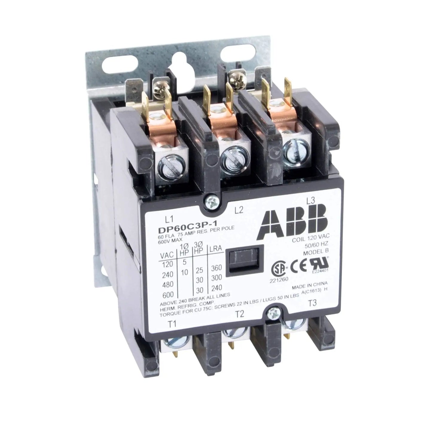 Single definite purpose contactor DP60C3P-1 60A 3-pole 120V coil AC motor starter for HVAC and lighting control, front view