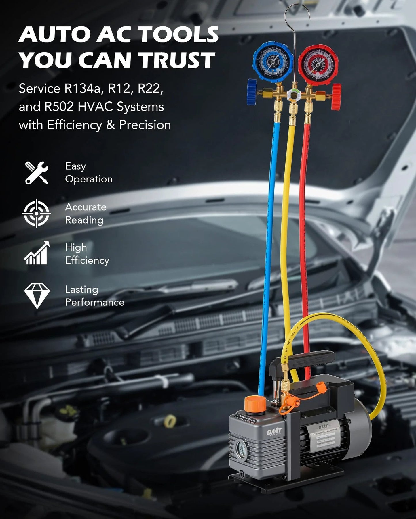 Garage-Ready Auto AC Vacuum Pump Kit With Gauge And Leak Detector, 1/3 HP, 4 CFM, shown with hood open and engine