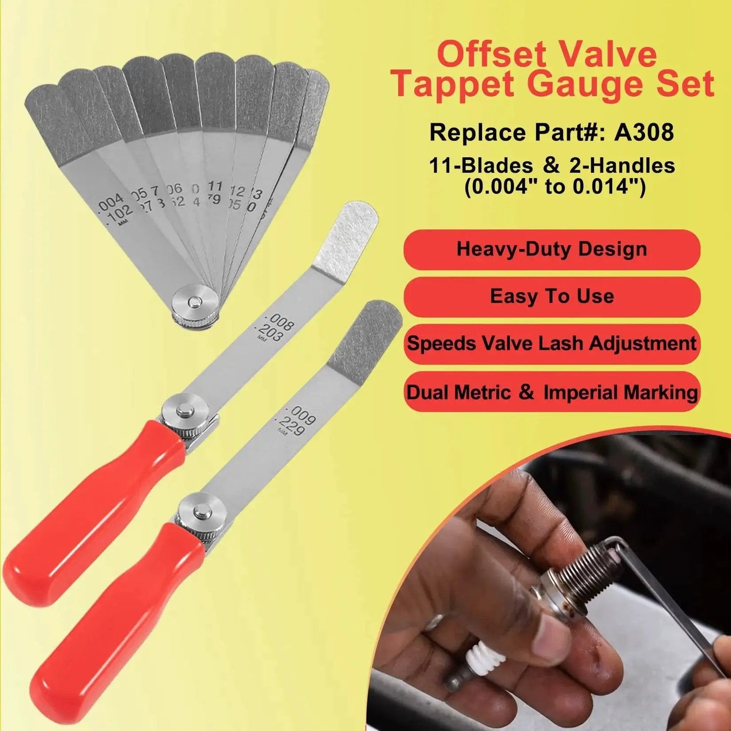 Offset Valve Tappet Gauge Set Featuring Two Handles and 11 Blade Sizes for Precise Valve Lash Adjustment 0.004 to 0.014 Inch