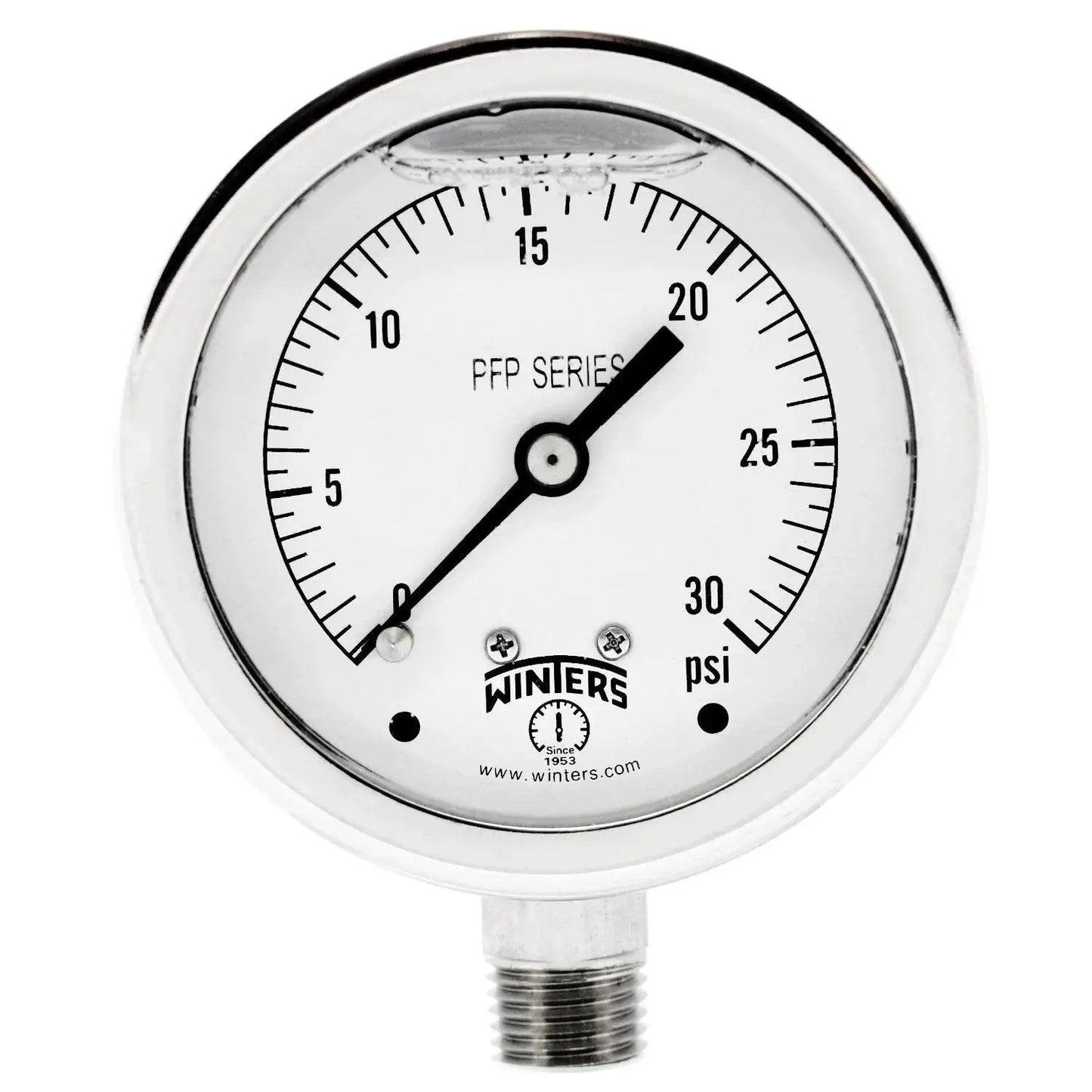 Heavy Duty Stainless Steel 304 Liquid Filled Pressure Gauge Zero To Thirty Psi, Two And A Half Inch Dial, Winters PFP Series
