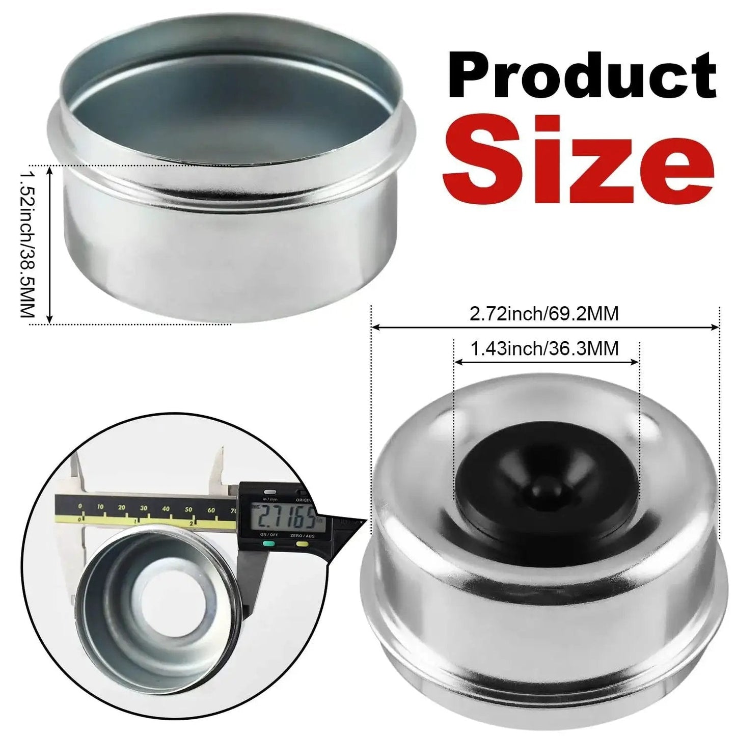 2.72 Inch Trailer Axle Dust Cap Kit With 4 Rubber Plugs For 7000 To 8000 Lb Axles And 8 On 6.5 Inch Hubs EZ Lube Compatible Heavy Duty Hub Dust Covers 69.2 Mm OD Replacement For Most RV Camper Trailers, showing size and close-up of zinc-plated steel material.