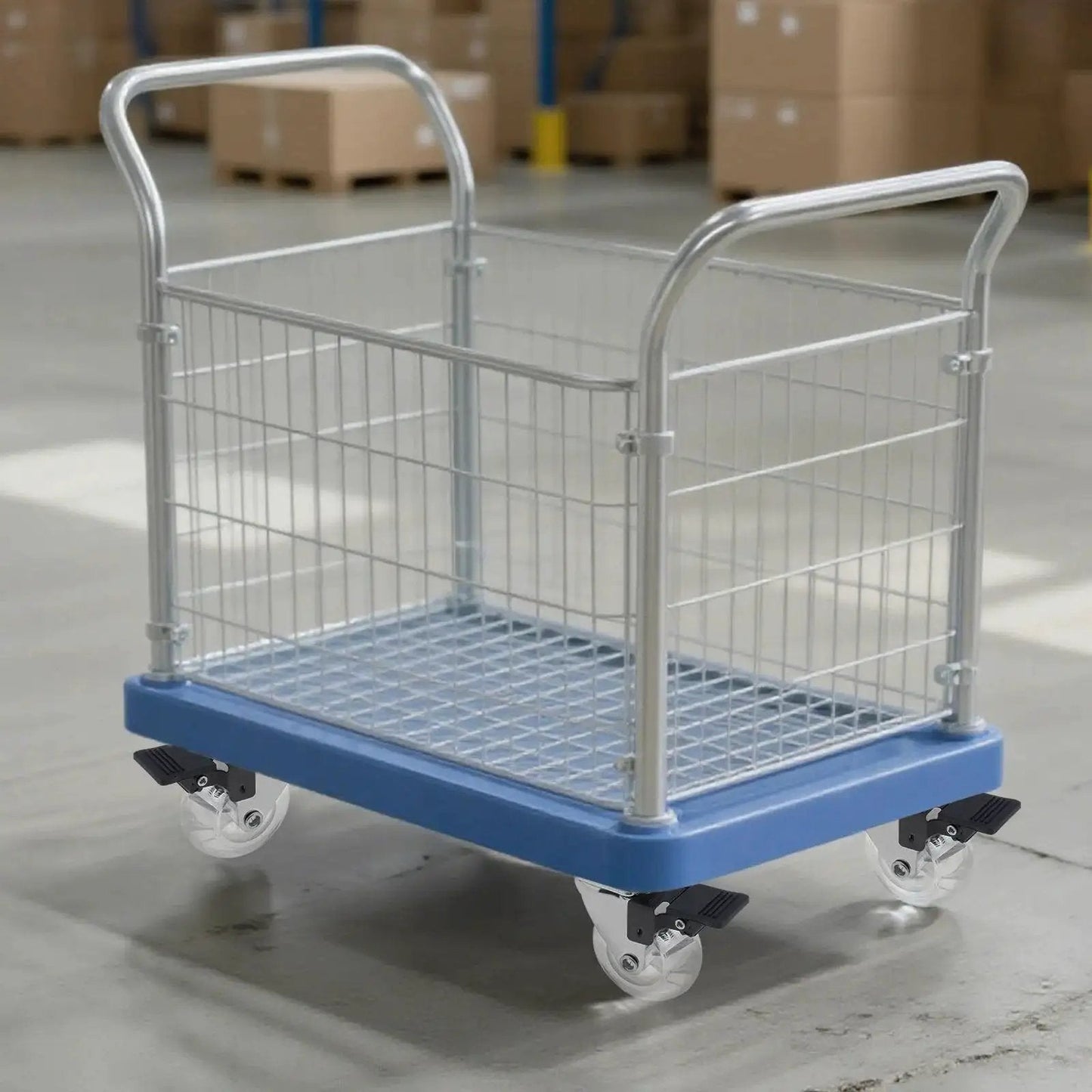 Warehouse cart with Crystal Clear 2 Inch Caster Wheels Set Of 8 With Brakes For Carts Cabinets Dressers And Benches 360 Degree Top Plate