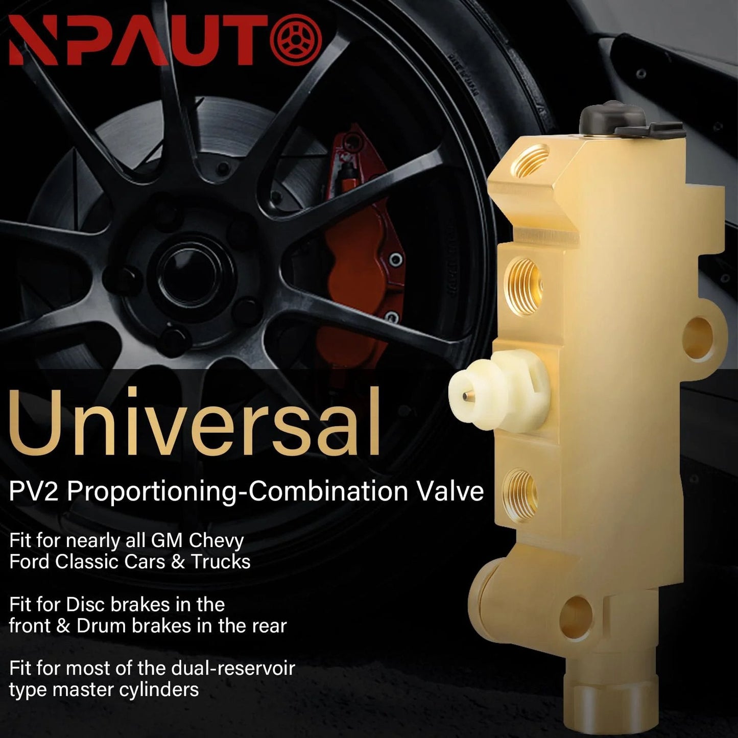 Disc Front Drum Rear Brake Proportioning Valve PV2 Brass Body 172-1353 PV71 Combination Valve Fit For GM Ford Chevy next to car wheel