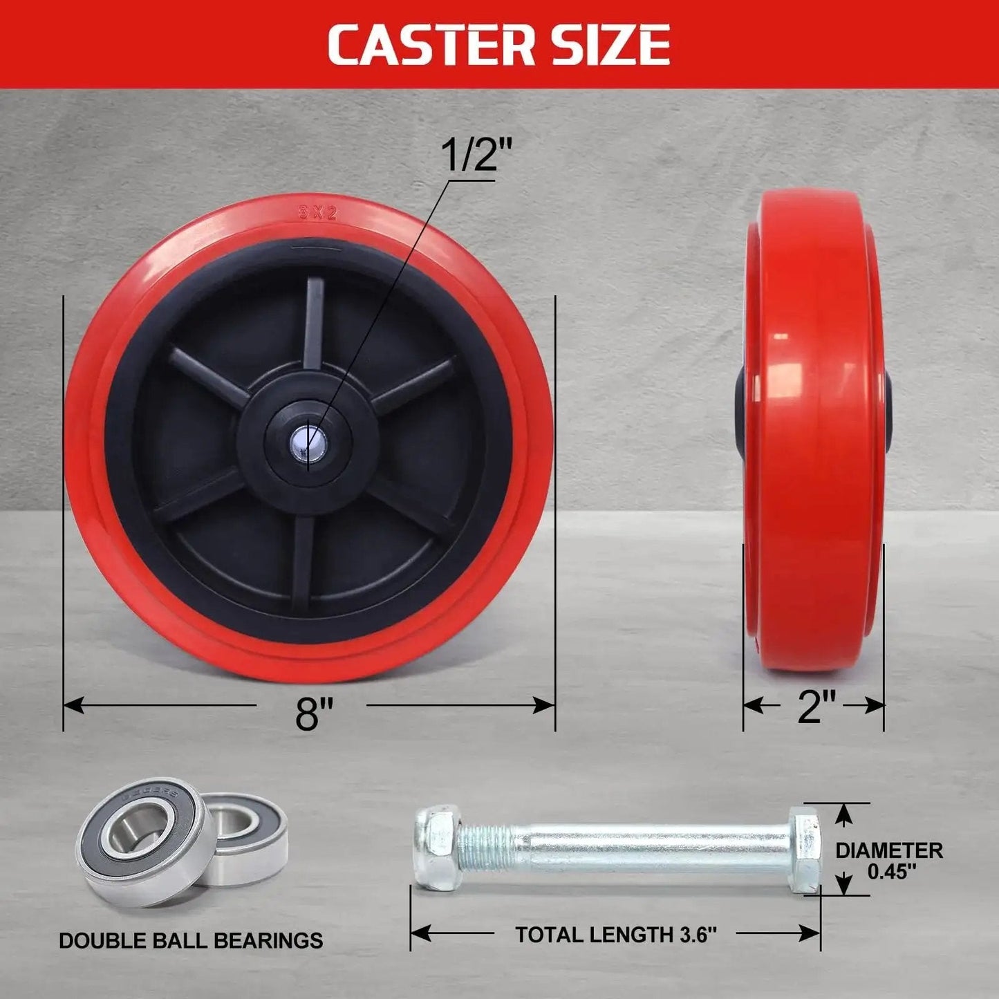 8 Inch Industrial Caster Wheels Set Of 4 With Polyurethane Tread On Polyolefin Core Double Roller Bearing 6000 Lb Capacity