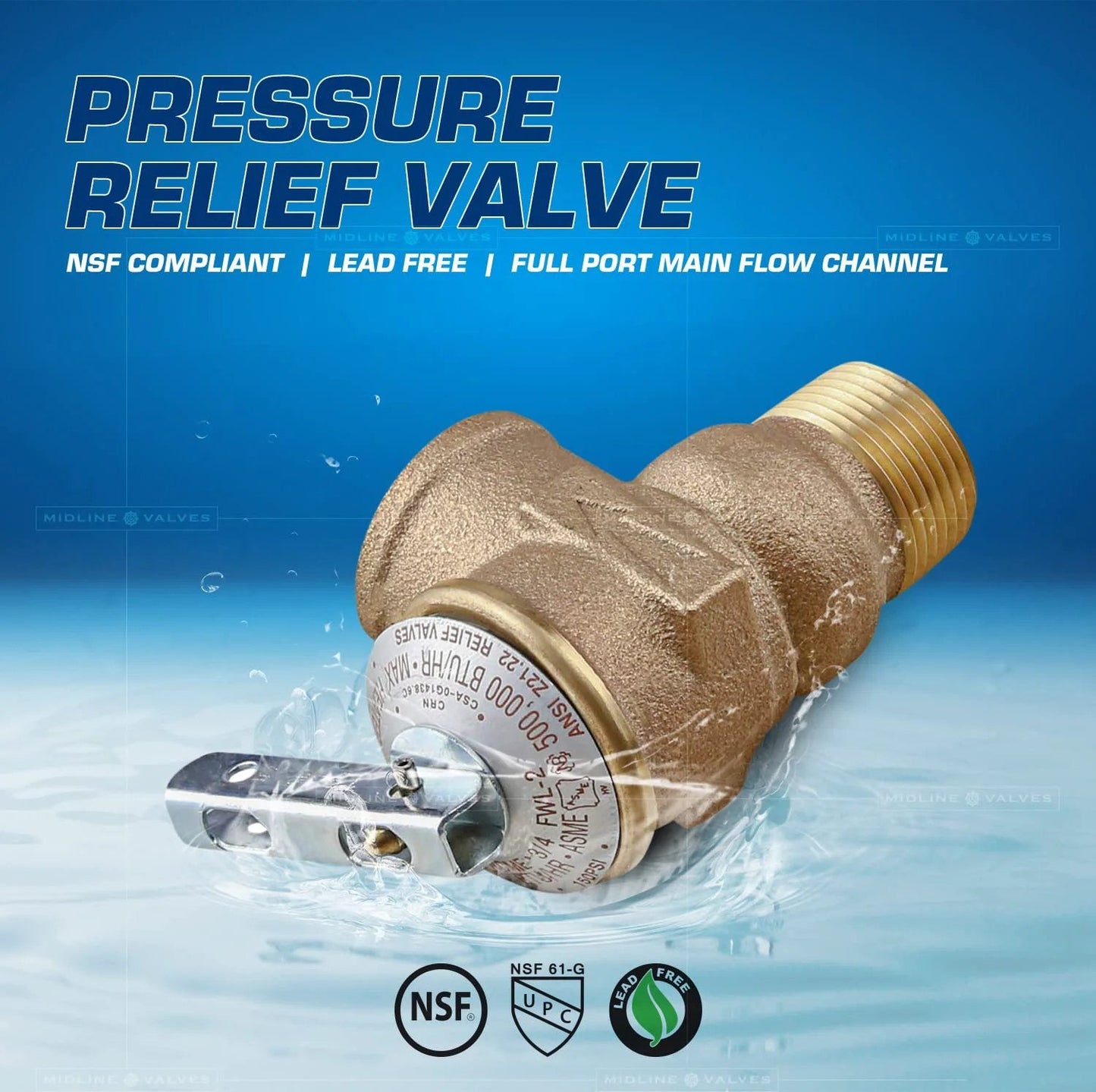 Pressure Relief Valve For Tankless Water Heater Heavy Duty Forged Brass Three Quarter Inch FIP To MIP Lead Free Dezincification Resistant For Closed Loop Systems No Fuss Fully Automatic Re Sealing After Pressure Relief.