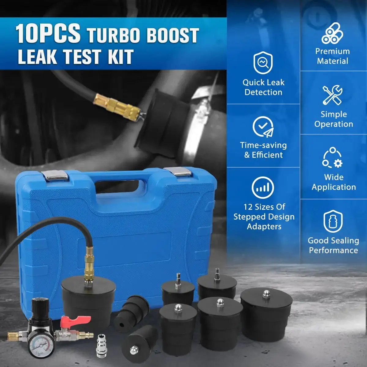 Turbo Boost Leak Tester Kit 10 Piece For Cars And Light Trucks Turbocharger Emissions And Cooling Systems With Four Pairs Of Stepped Adapters